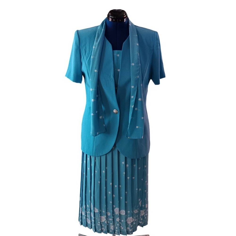 Leslie Fay women's floral 2 piece Scarf Jacket Elastic‎ Skirt size 10 AA333